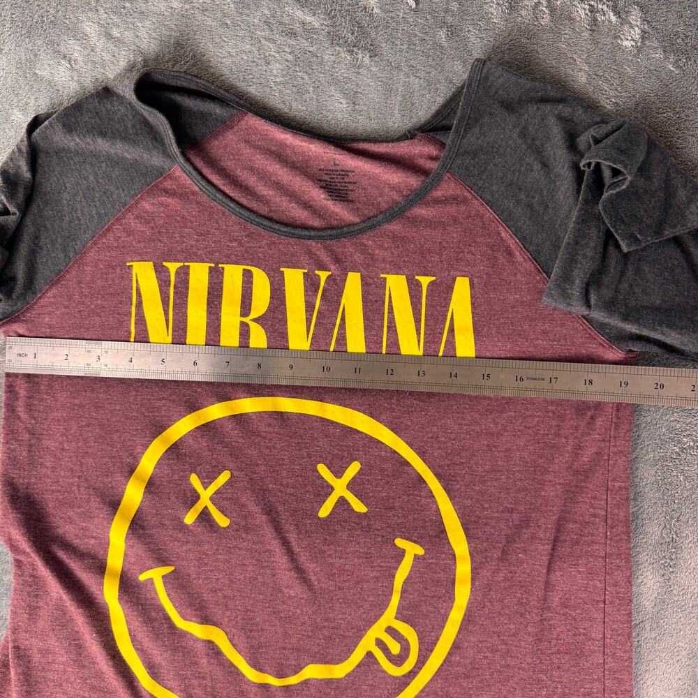 nirvana smiley face raglan 3/4 sleeve graphic band shirt burgundy gray L - Picture 7 of 7